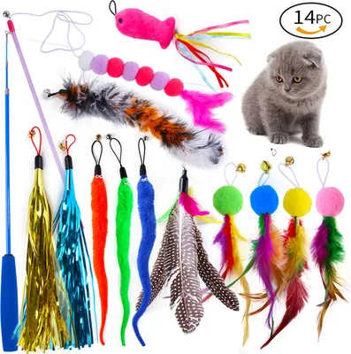 Produktbild von Katzenspielzeug-Set, Raupenfeder, Ersatzkopf, bunter Haarball, Quaste, einziehbare Angelrute, lustiger Katzenstab, 14 Stück, einziehbar
