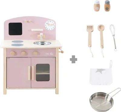Productafbeelding van ROBA Wooden Play Kitchen for Children - Equipped with Accessories - Pink / Natural