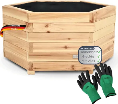 Produktbild von Pflanzkasten Holz 6-eckig MICHA - Inkl. Vlies und Handschuhe | Pflanzkübel Tannenholz Blumenkasten Blumenkübel Blumentopf Terrasse, 60cm Breit