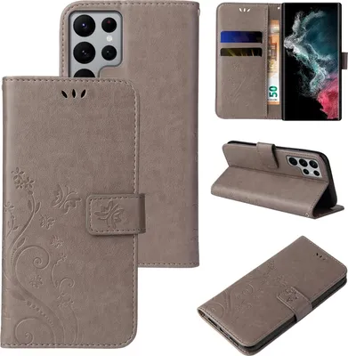 Produktbild von Handyhülle für Samsung Galaxy S23 Ultra Floral Blumen Schmetterling Flip Cover Hülle Case Klapphülle Handytasche Farbe: Grau