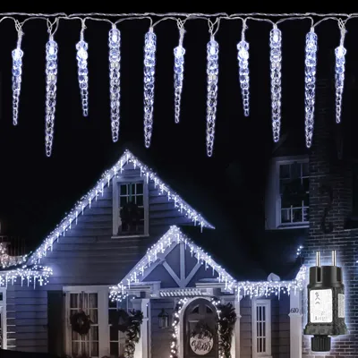 Image de Guirlande lumineuse LED Salcar, 5 mètres, 40 LED, forme de stalactites, lumière blanche froide. Guirlande lumineuse LED avec 9 modes et fonction de mémoire. Idéale pour la décoration de fêtes sur le thème de la neige ou de la glace