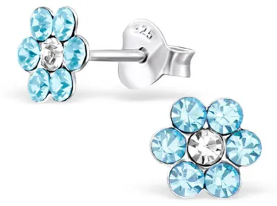 Produktbild von Kinderohrstecker Glitzer: Mädchen Ohrringe Silber „Kristall Blume" hellblau & kristallklar