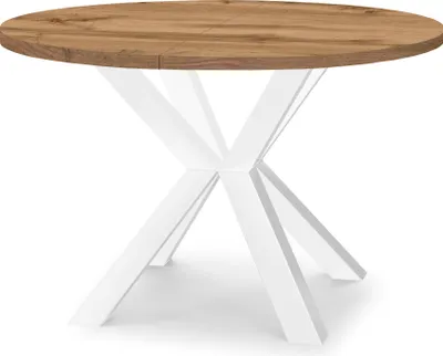 A round wooden dining table with a white geometric base.