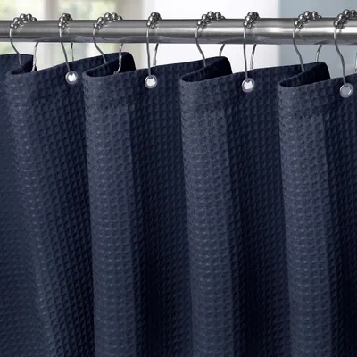 Produktbild von Duschvorhang Waffelstoff Marineblau 152 x 214 cm mit Metallringen Wasserdicht Schwerer Stoff Anti Schimmel