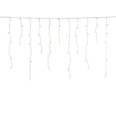 A string of icicle-shaped LED lights hanging against a white background.