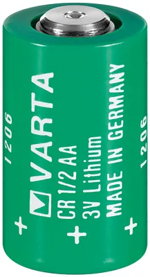 A single green Varta CR1/2AA lithium battery is shown against a white background.