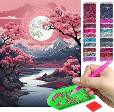 Produktbild von ARTULIO - Diamond Painting Set - Rosa Landschaft mit Blütenbäumen und Mond - 40 x 30 cm - Eckige quadratische Steine, Square Diamond - Komplettset Mosaik + Zubehör