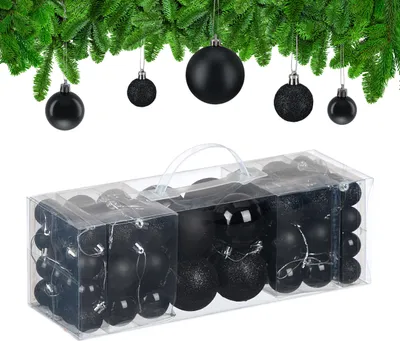 Produktbild von Relaxdays Weihnachtskugeln im 76er Set, Kunststoff, glitzernde, matte, glänzende Baumkugeln, Christbaumschmuck, schwarz