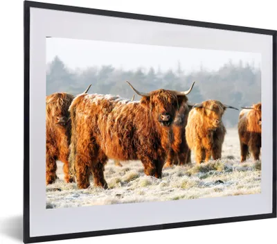 Produktbild von MuchoWow® MuchoWow® Gerahmtes Poster Schottische Hochlandrind - Schnee - Wald 60x40 cm - Poster mit zchwarzem Bilderrahmen - Schlafzimmer - Plakat in Rahmen - Drucken