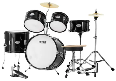 Obrázek produktu pro VEVOR bicí souprava pro děti, 5dílná, začátečnická bicí souprava s basovými tomy, snare, stojanem na buben, nastavitelným trůnem pro činel, hi-hat pedálem a dvěma páry paliček, pro děti, černá barva