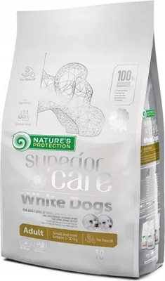 A bag of Nature's Protection Superior Care White Dogs food for adult small and medium breeds.