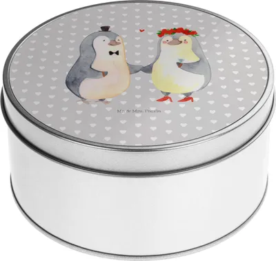 Produktbild von Mr. & Mrs. Panda Blechdose Pinguin Heirat - Grau Pastell - Geschenk, Frau, Vorratsdosen, Blechbüchse, Mann, Bräutigam, keksdosen, Heiraten, Just Married, Hochzeit, Braut