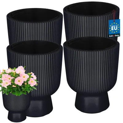 Produktbild von KOTARBAU® 4er Set Blumentopf ⌀ 23cm Orchideentopf Übertopf mit Innentopf Pflanzentopf mit Sockel Geriffelt Kelchform Pflanzkübel aus Kunststoff Anthrazit