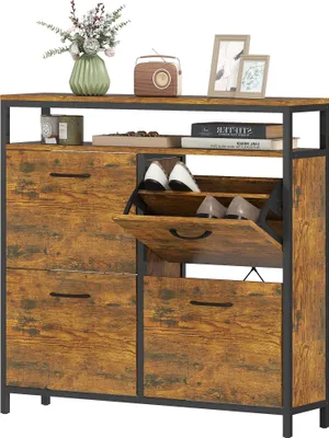 Produktbild von Schuhschrank mit 4 Klappschubladen, Stahl, Braun, für 12-20 Paar