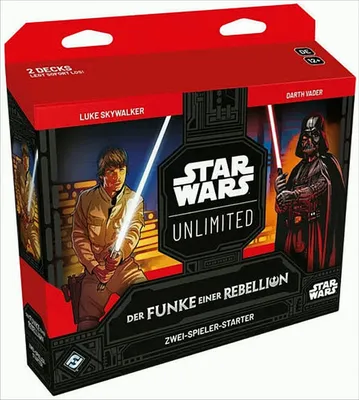 A product box for a Star Wars: Unlimited card game starter set, featuring characters Luke Skywalker and Darth Vader.