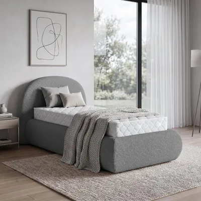 Produktbild von BEAUTYSOFA | Polsterbett MOTTI 90x200 cm - Einzelbett mit Bettkasten & Matratze MEDIRO FORM H2 und gepolstertem Kopfteil - Bouclé Dunkelgrau