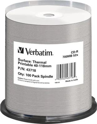 Produktbild von Verbatim CD-R Thermal Printable No ID Brand, 52x, CD-R, 120 mm, 700 MB, Spindel, 100 Stück(e)