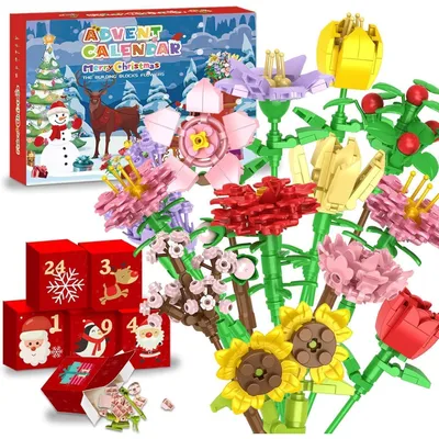 Produktbild von Adventskalender Blumen Bausteine für Kinder 2025, 24 Tage Weihnachtskalender mit Blumensträußen, Bauspielzeug Geschenk