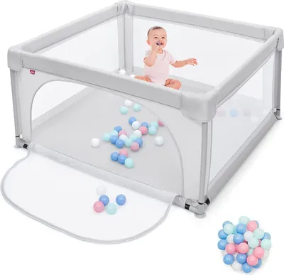 Produktbild von GOPLUS Baby Laufstall mit 50 Spielbällen, Krabbelgitter für Kleinkinder & Säulinge, stabiler Laufgitterzelt mit atmungsaktivem Netz