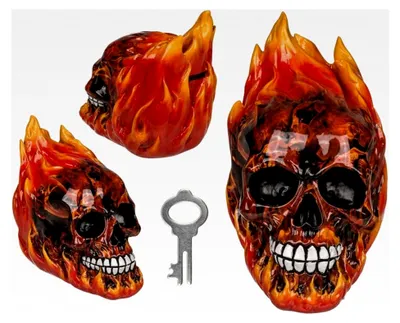 Produktbild von Spardose mit Schloss, Totenkopf mit Feuer, ca. 16 x 16 cm, aus Polyresin