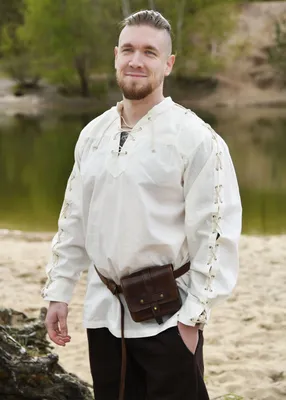 Produktbild von Mittelalter Hemd Corvin mit Schnürung, natur - Mittelalterhemd Mittelalterkleidung Herren Kostüm Wikinger LARP Größe: L