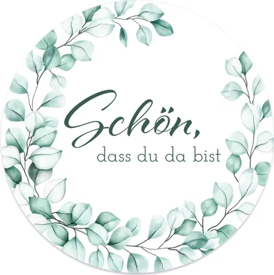 Produktbild von MAVANTO® 20x Schön dass du da bist Aufkleber 4,5 cm rund - Hochzeit Sticker ideal für Gastgeschenk in vielen schönen Designs (Eukalyptus Kranz)