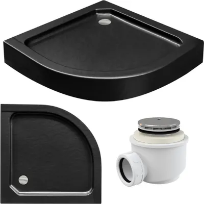 Zdjęcie produktu dla BESCO Brodzik Półokrągły Alex 90x90 Czarny, Stone Effect, Akryl, Syfon w Zestawie, R55 cm, Odpływ 50 mm