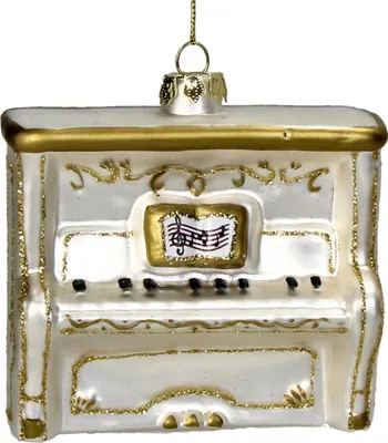 Productafbeelding van Kerstornament van glas, 10 cm, piano-figuur, wit/goud