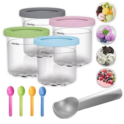 Produktbild von 4 Stück Behälter für Ninja Creami Pints, 450 ml Eisbehälter, Eiscreme Behälte mit Deckel für Ninja Eismaschine mit Aluminiumlöffel