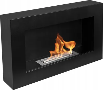 A black, wall-mounted bioethanol fireplace with a visible flame.