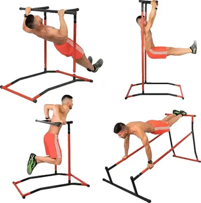 Produktbild von Klimmzug-Dip-Station, Stahlkonstruktion, 100 kg Tragfähigkeit, Horizontalstange, Schwarz + Rot, Vielseitiges Design