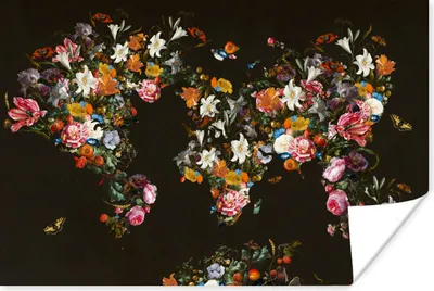Produktbild von MuchoWow® Poster Weltkarte - Blumen - Schmetterling - Schwarz 180x120 cm - Fotoplakat