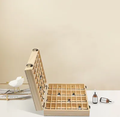 Image de 64 slots Boîte d'huiles essentielles Organisateur en bois Boîte de rangement pour huiles essentielles en bois de pin