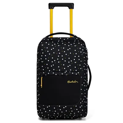 A black trolley bag with a white and gold polka dot pattern and a black front pocket with a gold logo.
