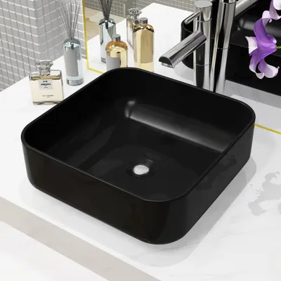 Image de vidaXL Lavabo en céramique carré noir 38 x 38 x 13,5 cm