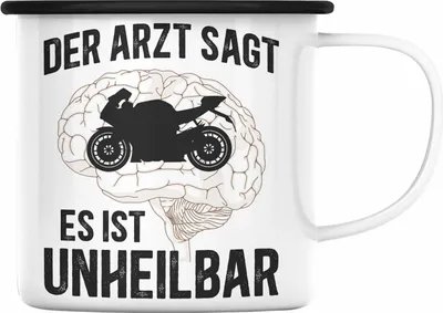 Produktbild von Trendation - Motorradfahrer Geschenk Männer Motorrad Emaille Tasse mit Spruch Emaille Emaille Tasse für Biker Herren (Schwarz)