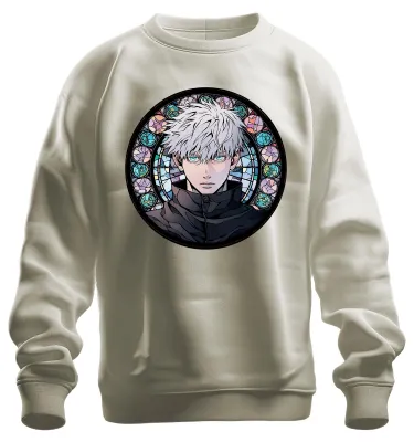 Imagen del producto de Sudadera uni con estampado de Gojo Satoru de Jujutsu Kaisen, con cabello blanco y ojos azules. Diseño de anime. Talla L