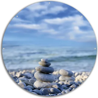 Produktbild von Wallario rundes Outdoor-Poster für Garten oder Balkon, Motiv Steinstapel am Strand, 60 cm Durchmesser
