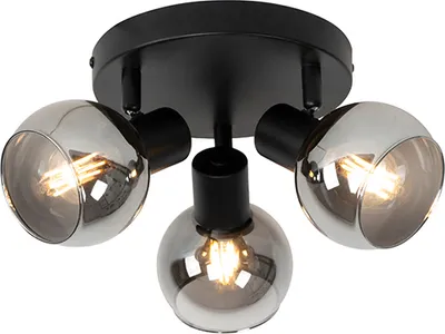 Produktbild von QAZQA - Art Deco Deckenleuchte I Deckenlampe I Lampe I Leuchte schwarz 3-flammig Spotbalken5 cm mit Rauchglas 3-flammig Spotbalken-Licht - Vidro I Wohnzimmer I Schlafzimmer - Rund - LED geeignet E14