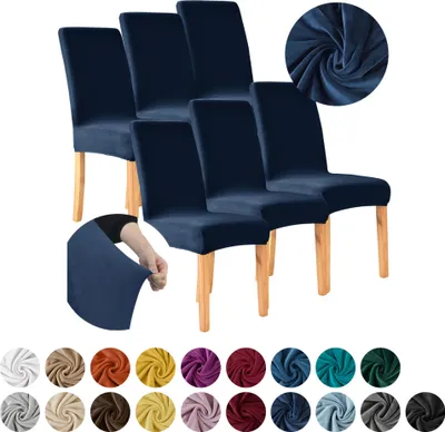 Produktbild von MEBLE ODNOWA, Stuhlhusse, Stuhlbezug, Standardgröße, Samt, Navyblau, 6er Set, Velours, elastisch, Stuhlbezüge, Stuhlhussen, maschinenwaschbar
