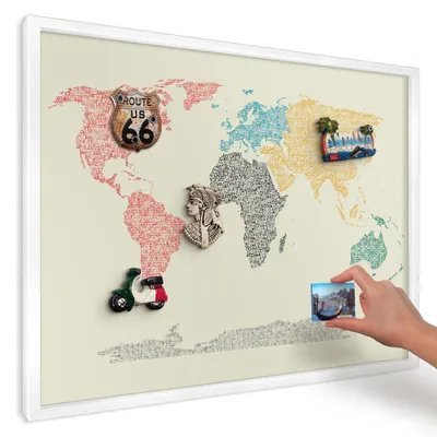 Produktbild von Magnettafel 70x50 cm mit weißem Rahmen - Magnetische Metalltafel, Magnetpinnwand zur Wandmontage für Wohnzimmer, Küche, Flur, Kinderzimmer und Büro - Weltkarte