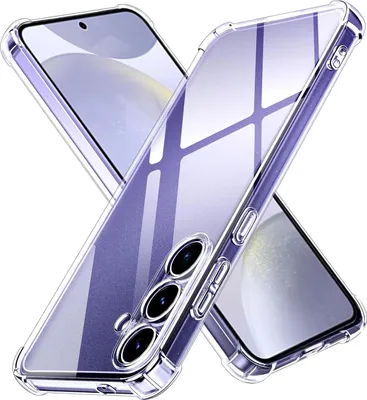 Two transparent phone cases are arranged diagonally on a white background, with one case partially obscuring the other. The cases are designed for a Samsung Galaxy S24 and feature a clear, protective design with cutouts for the camera lenses.