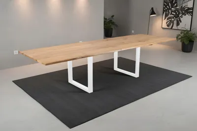 Produktbild von Esstisch Sessa mit Ansteckplatten | 200 x 100 cm (erweiterbar auf 300 x 100 cm) |Eichenholz massiv + geölt | echte Baumkante | U-Gestell Metall weiß | Baumkantentisch/Esszimmertisch