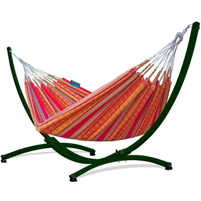 Produktbild von Potenza Outdoor Pereira Hängematte mit Gestell für 2 Personen I 100% Baumwolle Doppelhängematte 230x160 cm, 200kg I Grün Hängemattengestell 220kg, wetterfest