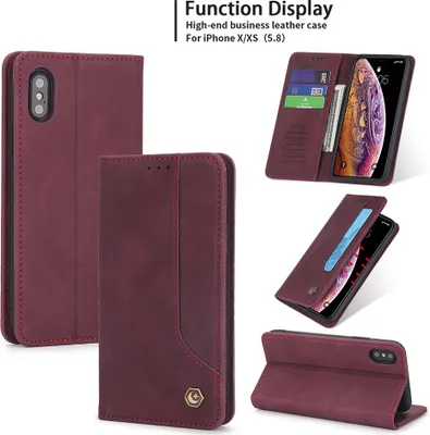 Produktbild von iPhone X / XS Hülle, LaimTop Retro Kunstledertasche Schutzhülle mit Kartenfach Standfunktion für iPhone X / iPhone XS Rot