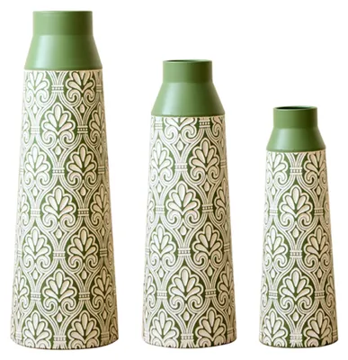 Produktbild von STILVORA Bodenvase 3er Set mit 61,5/51/43,5 cm Höhe, Stehvase im Retro-Ornament-Design, Dekovase nicht wasserdicht für Trockenblumen und Pampasgras