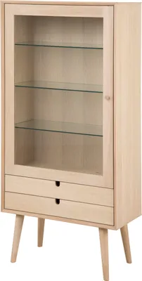 Produktbild von Canes Vitrine mit 1 Tür und 2 Schubladen aus Eiche Furnier und massiv Eiche, weiß gelaugt.