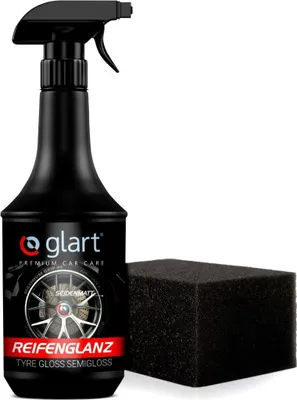 Produktbild von Glart 451RK Reifenglanzspray 1000 ml mit Schwamm – seidenmattes Finish – Reifenpflege mit UV-Schutz – schwarz auffrischend – für Auto, Wohnmobil, Motorrad – für Gummi und Kunststoff