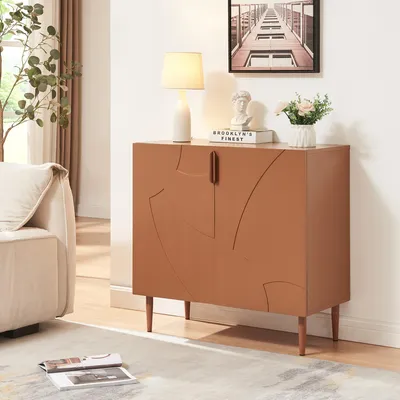 A sideboard is placed in a living room setting, next to a sofa and a rug.