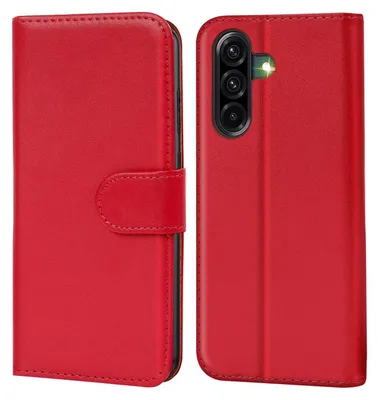 A red flip case for a smartphone is shown from the front and back.